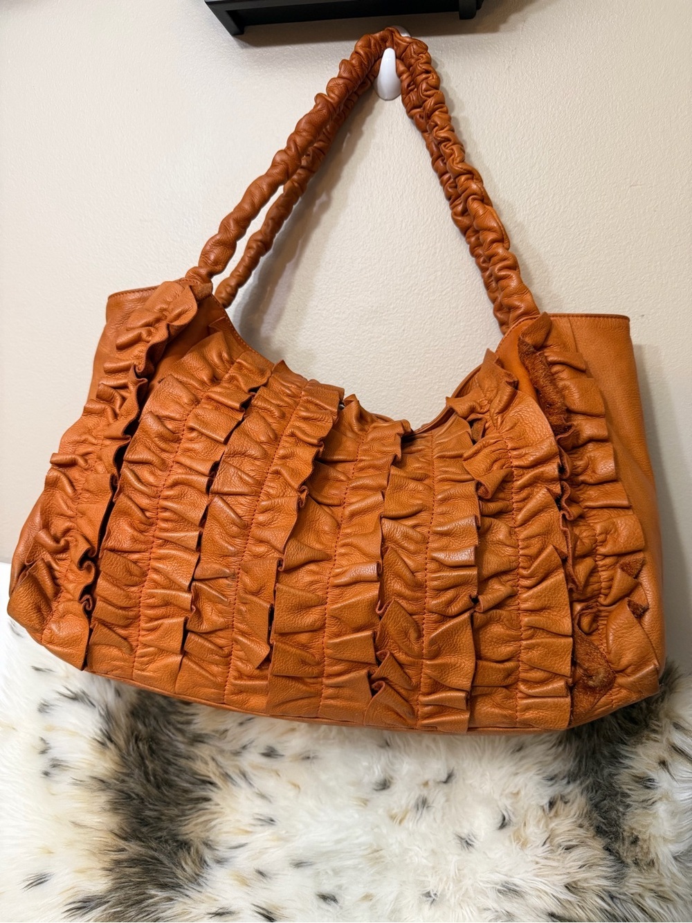 Ruched Shoulder Tote Bag in Cognac Brown